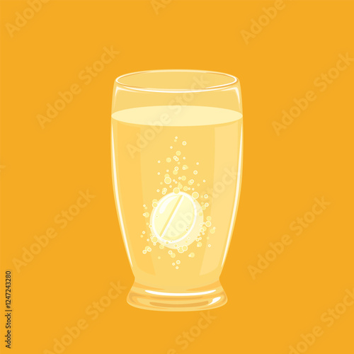 Vitamin C effervescent tablet on glass on yellow background. Vector cartoon flat illustration.