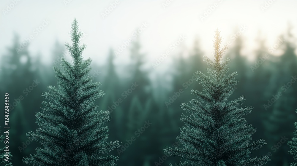 Fototapeta premium Serene Forest Scene with Pine Trees in Misty Atmosphere at Sunrise