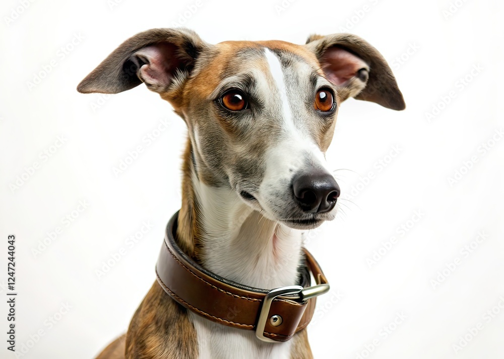 Whippet Dog, Brown Leather Collar, Macro Photography, White Background Whippet Dog, Brown Leather Collar, Macro Photography, White Background
