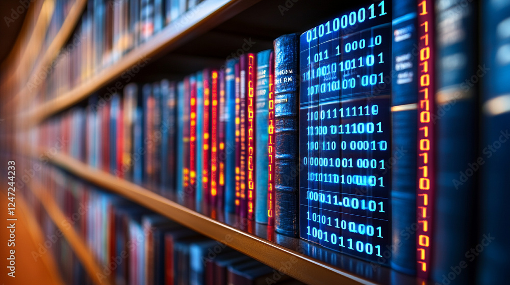 A digital library with glowing binary code and bookshelves symbolizes modern information technology, data storage, and digital knowledge, highlighting the vastness of the digital world A digital library with glowing binary code and bookshelves symbolizes modern information technology, data storage, and digital knowledge, highlighting the vastness of the digital world