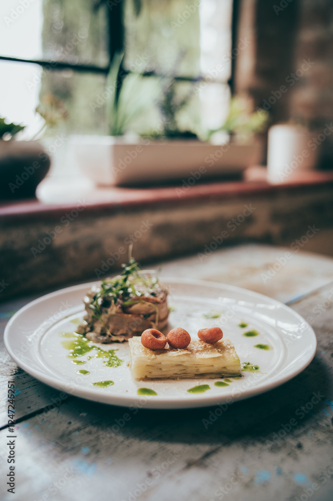 Filet mignon wrapped in bacon, topped with oysters, parsley, accompanied by puff pastry potato.
Served on a white plate. Filet mignon wrapped in bacon, topped with oysters, parsley, accompanied by puff pastry potato.
Served on a white plate.