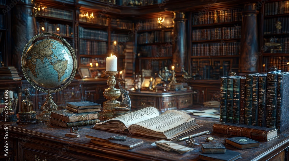 Elegant and Cozy Library Setting with Classic Books and Academic Elements Elegant and Cozy Library Setting with Classic Books and Academic Elements