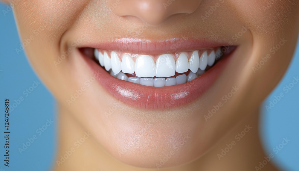 Obraz premium Close-up of a beautiful woman's smiling mouth with white teeth, against a blue background