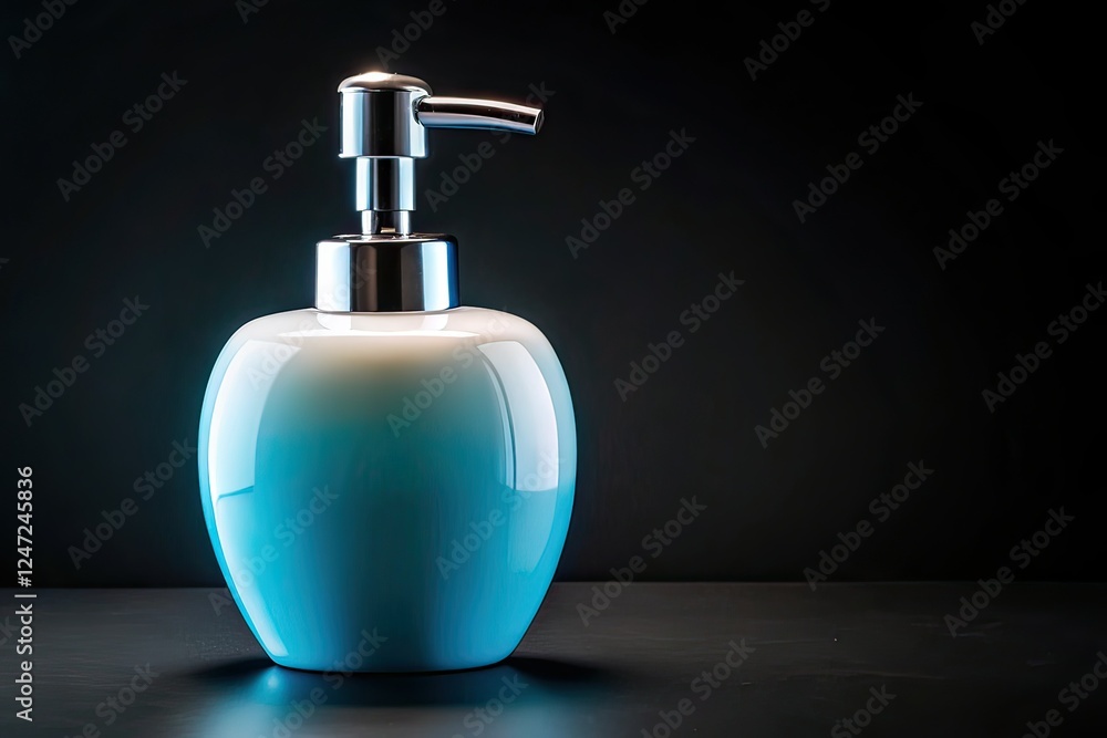 Obraz premium White Soap Bottle Blue Dispenser Black Background Conceptual Photography