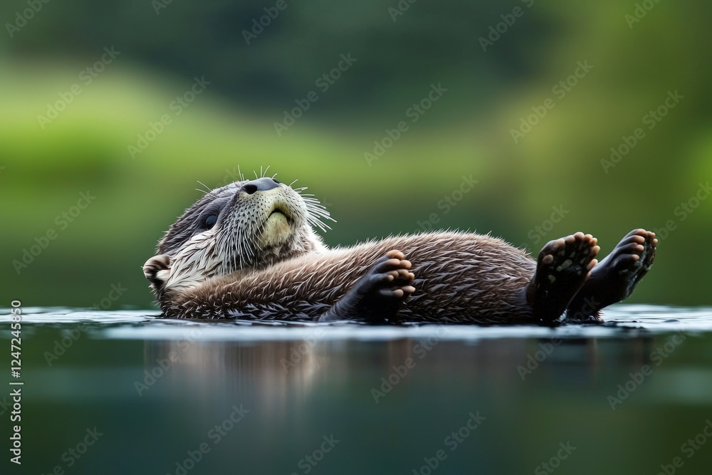 Playful otter floating on its back in a calm river Playful otter floating on its back in a calm river