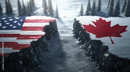 A cracked landmass split between American and Canadian flags, symbolizing division, separation, or political tension. For trade war political meme.