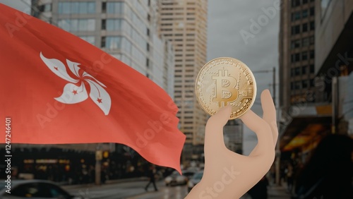 Golden bitcoin held by a hand with a waving Hong kong flag in the background against a modern urban cityscape