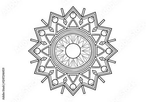 Mandala with refined black detailing on a white page. The mandala