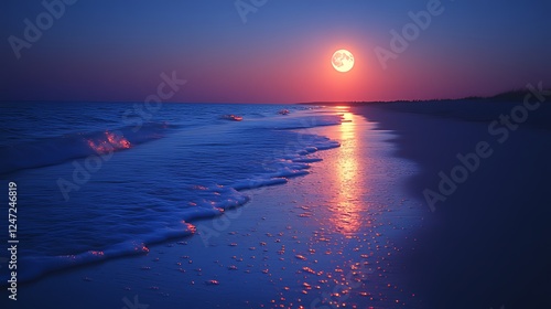 Coastal sunset moonrise, ocean waves, beach tranquility, night scene, travel poster