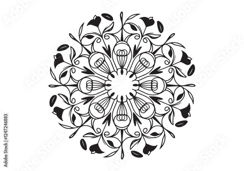Mandala design with a delicate precision of fine, intricate black lines. The mandala has a circular pattern with a central point, and it is filled with various geometric shapes, including circles