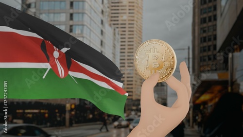 Golden bitcoin held by a hand with a waving Kenya flag in the background against a modern urban cityscape