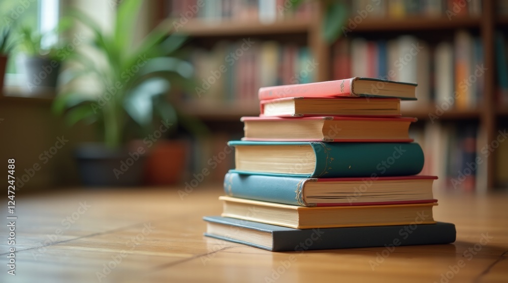 Close-up of a colorful stack of books on a wooden floor in a cozy library. Close-up of a colorful stack of books on a wooden floor in a cozy library.