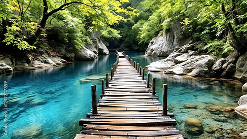 Old wooden bridge over a crystal clear river - 02