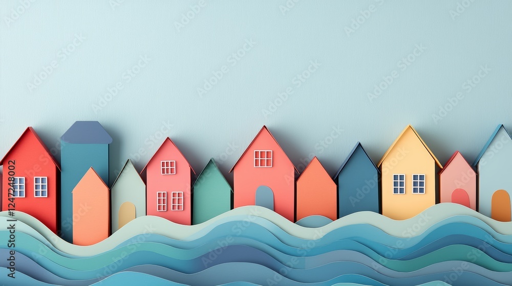 Coastal City Art Craft Embracing Colorful Houses and Waves in a Whimsical Style Coastal City Art Craft Embracing Colorful Houses and Waves in a Whimsical Style