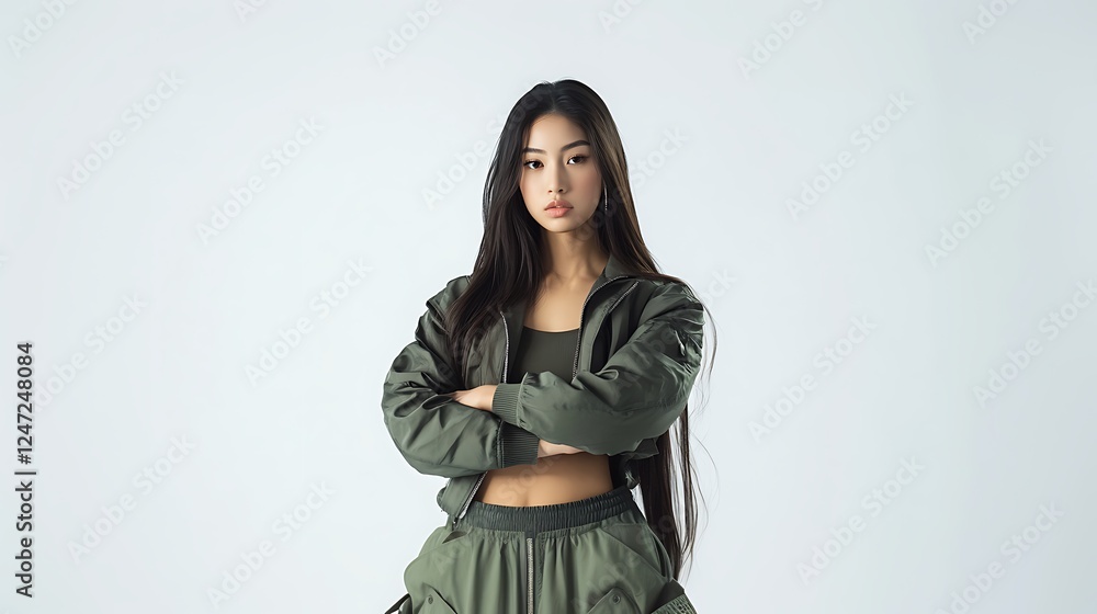 Confident Young Woman with Arms Crossed Posing in Stylish Green Outfit Against Plain Backdrop Confident Young Woman with Arms Crossed Posing in Stylish Green Outfit Against Plain Backdrop
