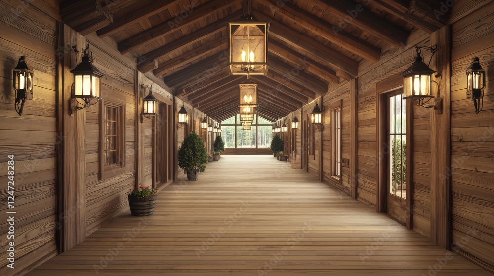Rustic hallway with wooden walls and lanterns, featuring large windows that allow natural light to brighten the space. Rustic hallway with wooden walls and lanterns, featuring large windows that allow natural light to brighten the space.