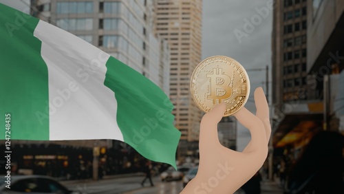 Golden bitcoin held by a hand with a waving Nigeria flag in the background against a modern urban cityscape