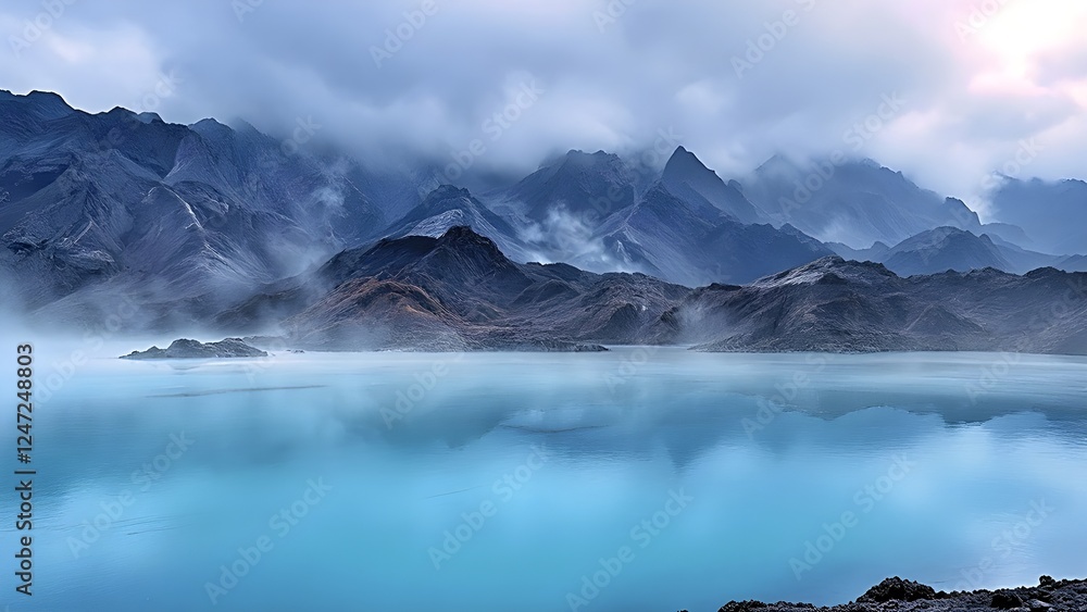 Fototapeta premium Snowy peaks reflecting a pink sky - 02