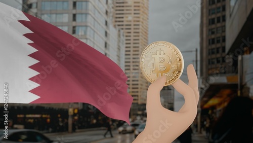 Golden bitcoin held by a hand with a waving Qatar flag in the background against a modern urban cityscape
