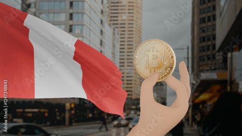 Golden bitcoin held by a hand with a waving Peru flag in the background against a modern urban cityscape photo