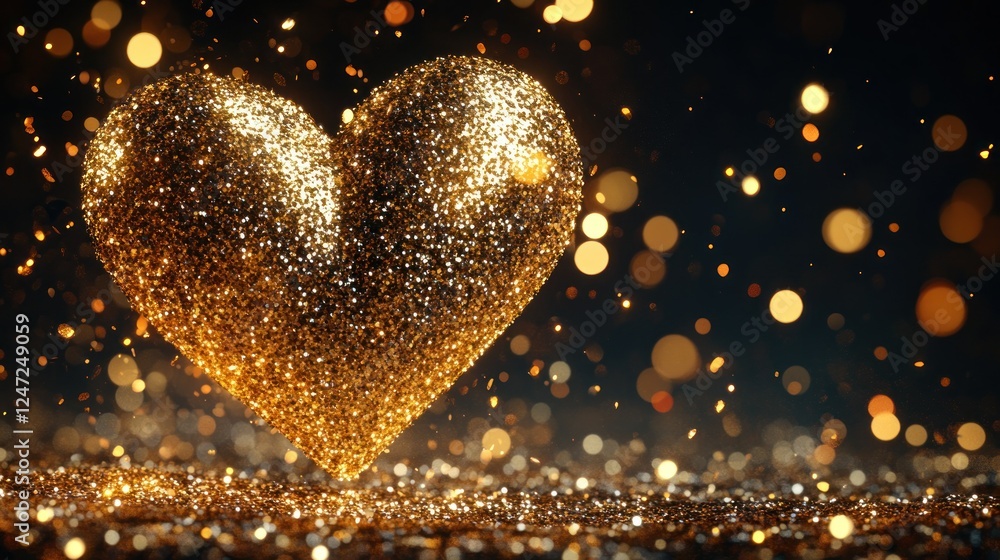 Glittering gold heart falling, dark bokeh background, romantic celebration Glittering gold heart falling, dark bokeh background, romantic celebration