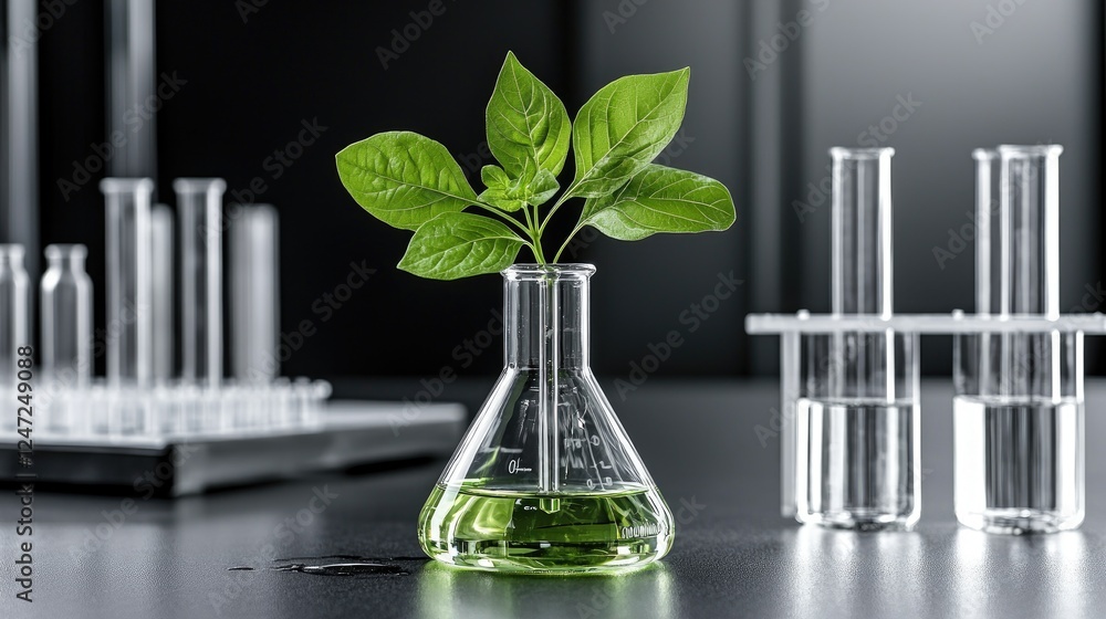 Plant research lab, science, growth, experiment, beaker, leaves