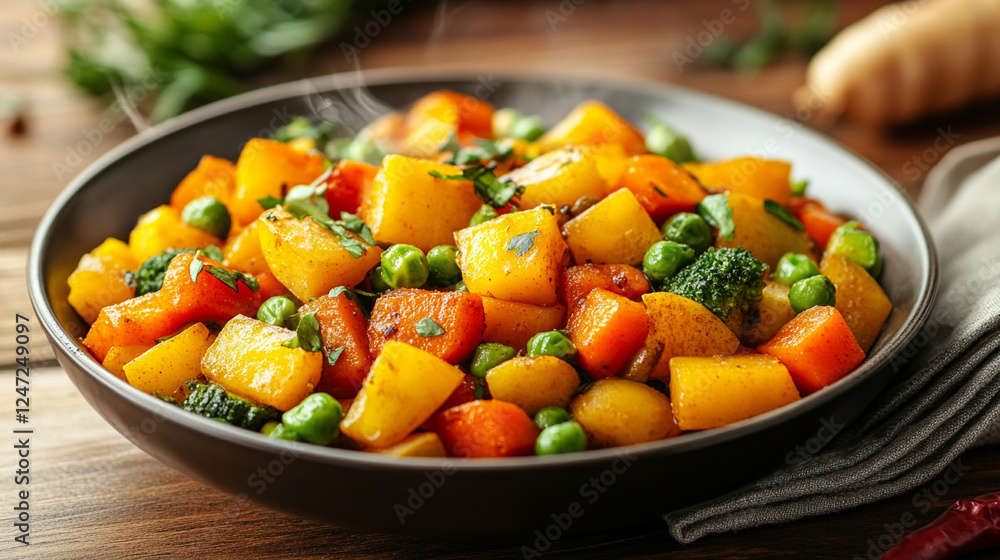 Freshly microwaved mixed vegetables with slight steam, in a modern, sleek bowl, highlighting healthy eating, freshness, and appeal with a blurred, bright, and clean backdrop Freshly microwaved mixed vegetables with slight steam, in a modern, sleek bowl, highlighting healthy eating, freshness, and appeal with a blurred, bright, and clean backdrop