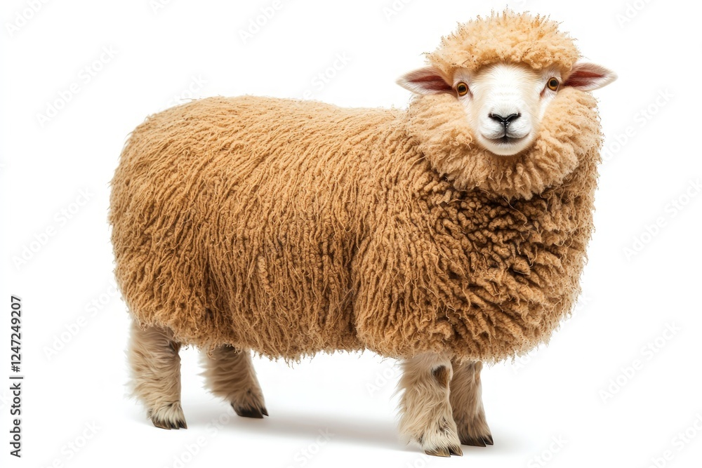 Woolly sheep with soft, fluffy fur standing still, isolated on a white background.