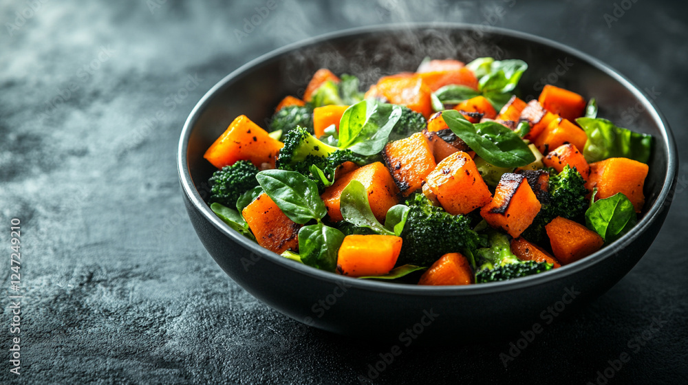Freshly microwaved mixed vegetables with slight steam, in a modern, sleek bowl, highlighting healthy eating, freshness, and appeal with a blurred, bright, and clean backdrop Freshly microwaved mixed vegetables with slight steam, in a modern, sleek bowl, highlighting healthy eating, freshness, and appeal with a blurred, bright, and clean backdrop