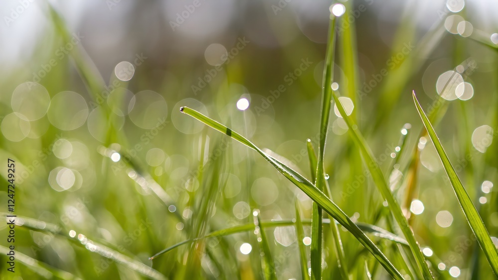 Fototapeta premium Close up of fresh green grass with dew a blurre