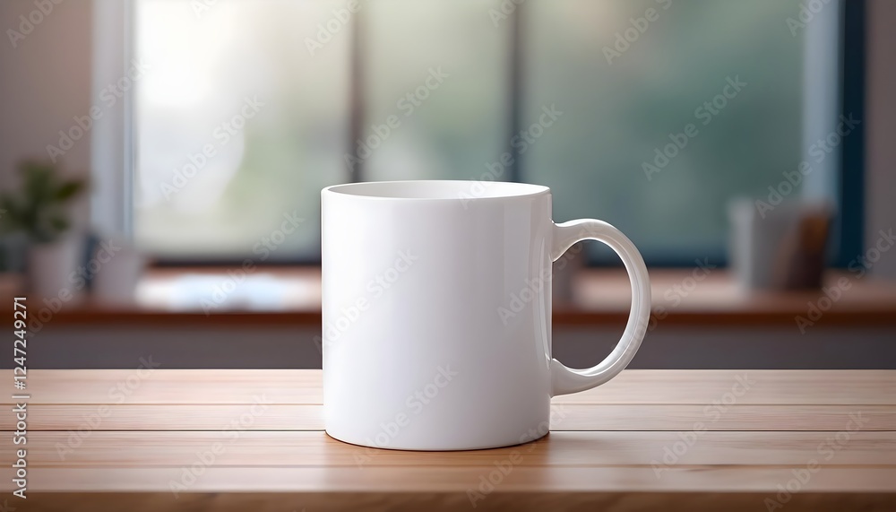 Plain blank white ceramic mug mockup standing on the wooden table Plain blank white ceramic mug mockup standing on the wooden table