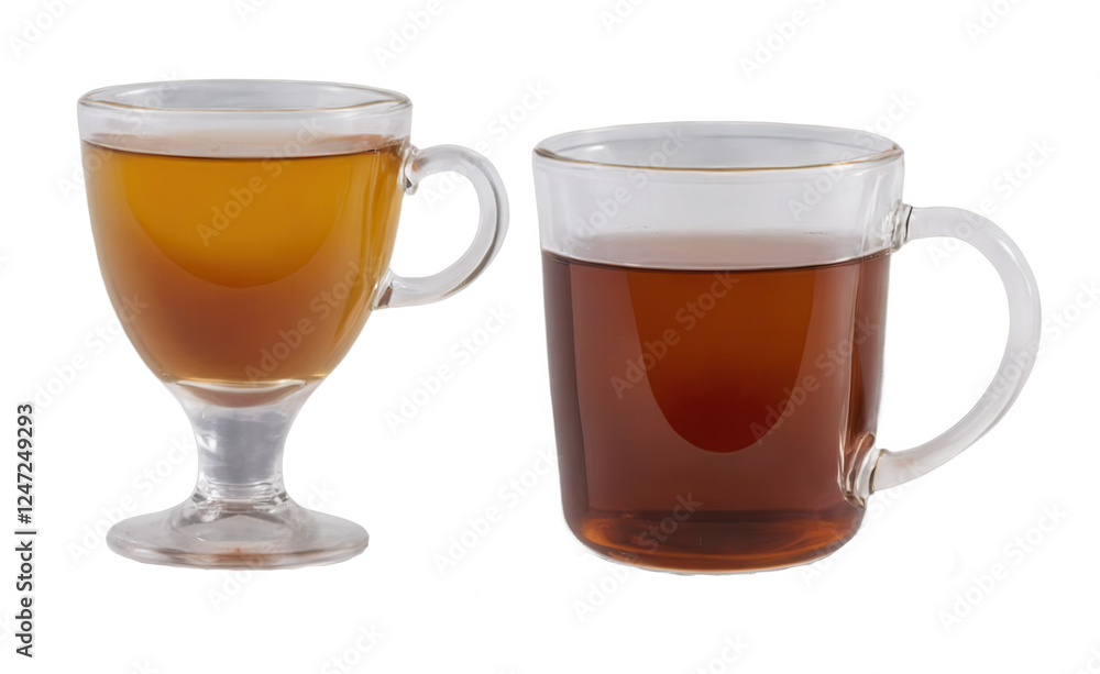 Two transparent glasses, one with lighter tea on a pedestal, and the other with darker tea. Both liquids fill glasses halfway. Two transparent glasses, one with lighter tea on a pedestal, and the other with darker tea. Both liquids fill glasses halfway.