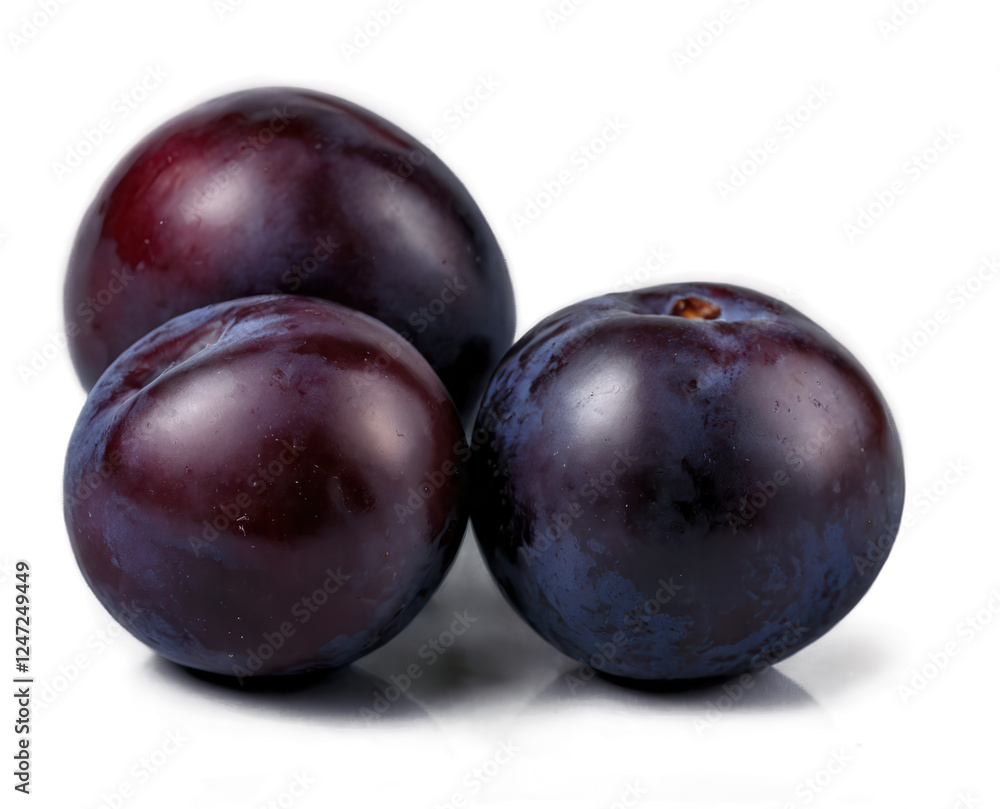 Three ripe plums, displaying their deep purple and burgundy skins, clustered together on a white background, reflecting light. Three ripe plums, displaying their deep purple and burgundy skins, clustered together on a white background, reflecting light.