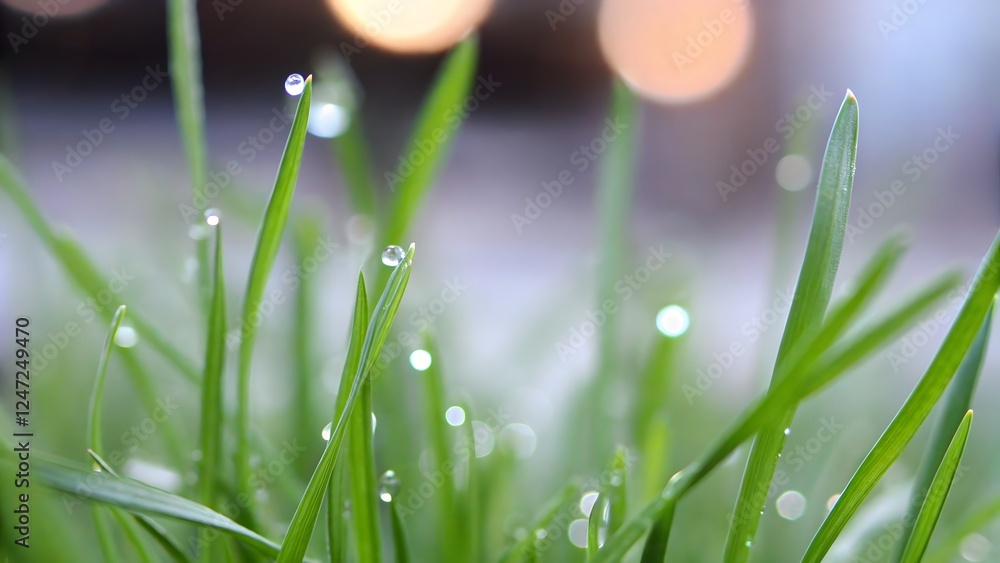 Fototapeta premium Close up of fresh green grass with dew a blurre