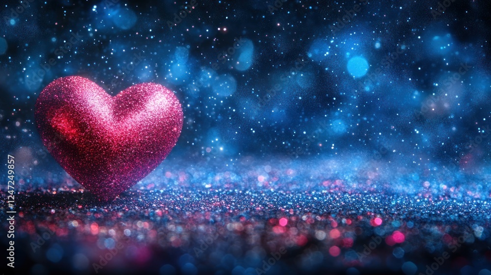 Fototapeta premium Glittering red heart on blue sparkle, romantic backdrop, Valentine's Day