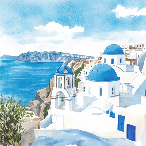 Watercolor illustration of Santorinis iconic blue domes overlooking the Aegean Sea and cliffs under a bright sky. Generative AI photo