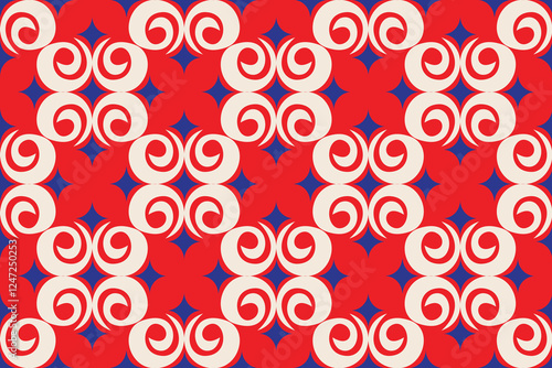 Seamless pattern with circles and spirals in red and blue colors. Abstract line shape flowers geometric motif basic pattern continuous background. Oriental-style damask floral tile modern fabric