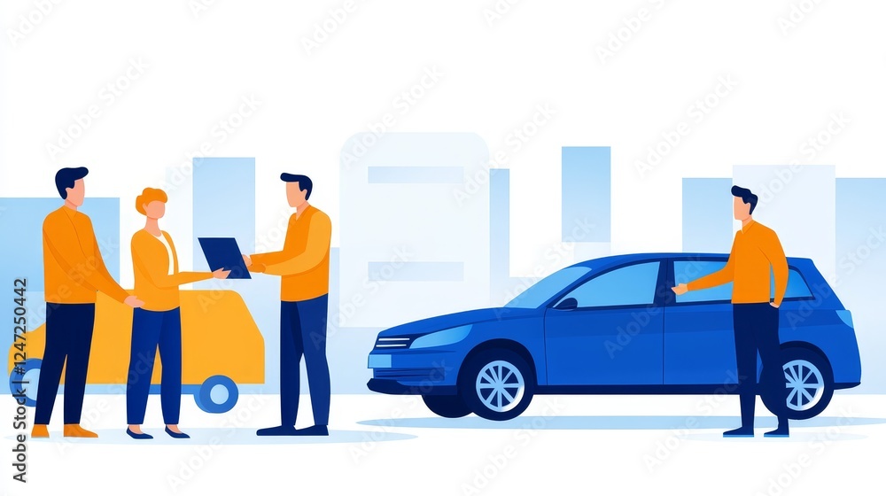 Obraz premium Two people exchanging a laptop while a car is parked nearby in a cityscape background