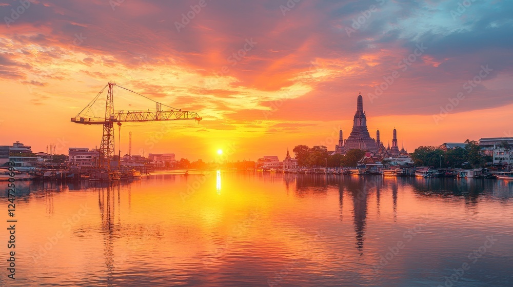 Obraz premium A vibrant sunset over a river, featuring silhouettes of cranes and a temple, reflecting warm colors on the water's surface.