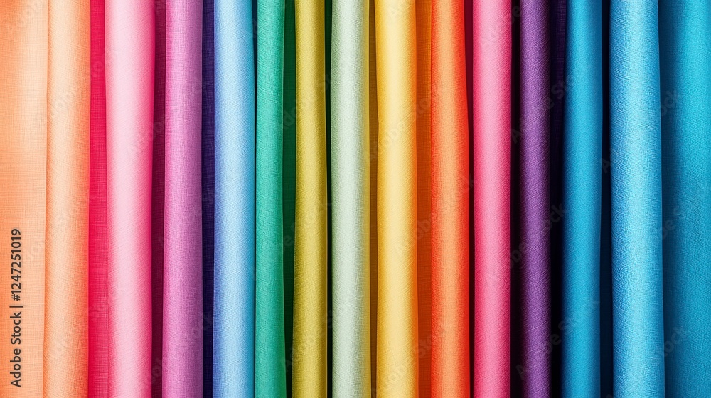 Vibrant, vertically arranged fabric swatches in various colors, showcasing texture and variety for textile or craft projects. Vibrant, vertically arranged fabric swatches in various colors, showcasing texture and variety for textile or craft projects.