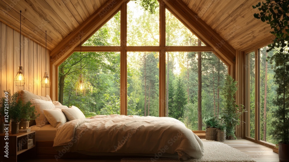 Cozy bedroom with large windows showcasing a lush forest, featuring wooden accents and soft bedding, creating a serene atmosphere. Cozy bedroom with large windows showcasing a lush forest, featuring wooden accents and soft bedding, creating a serene atmosphere.