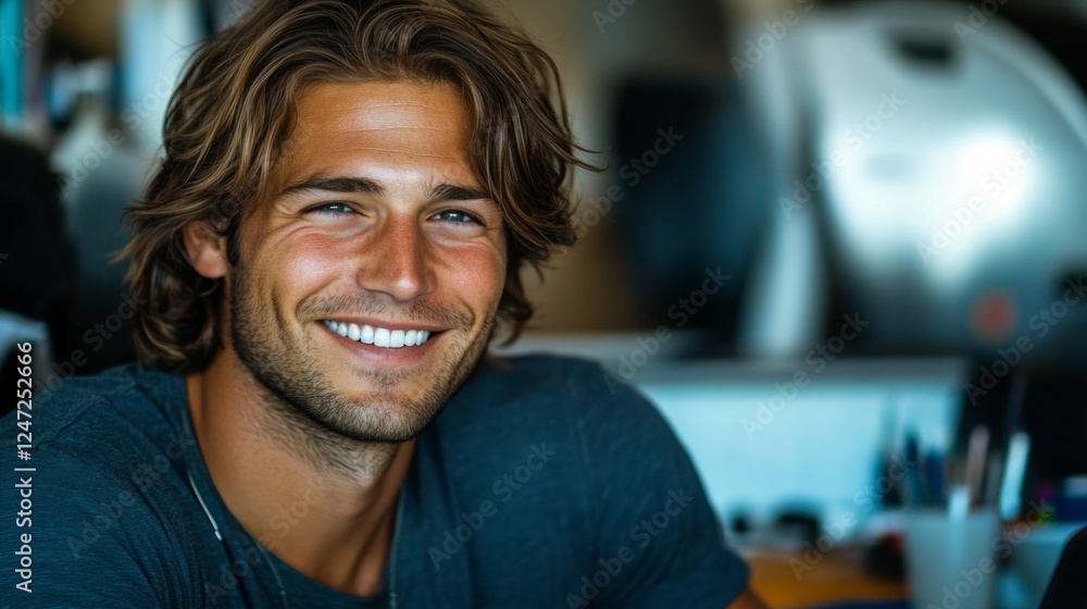 Obraz premium Smiling man with medium length hair researching on a laptop generative ai