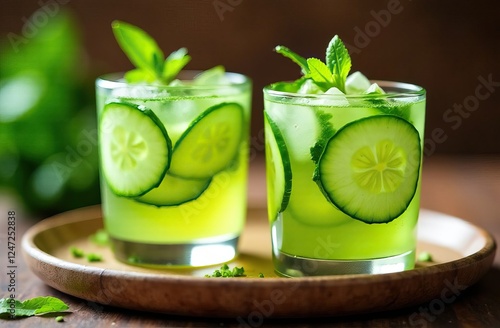 refreshing drinks with cucumber and mint, summer drink concept for cafes, healthy lifestyle menus photo