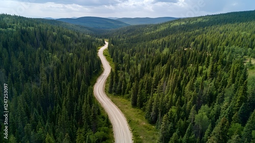 Aerial view of a winding road through a dense forest, top-down perspective
