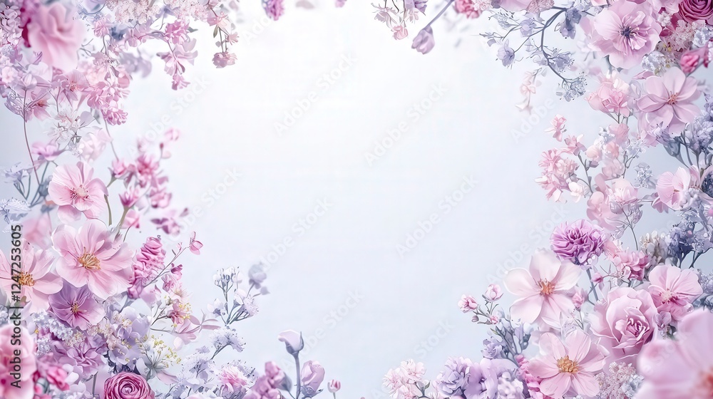 Floral border design featuring pink and purple flowers on a light background, perfect for invitations or decorative purposes. Floral border design featuring pink and purple flowers on a light background, perfect for invitations or decorative purposes.