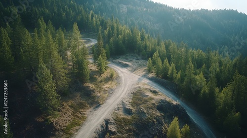 Aerial view of a winding road through a dense forest, top-down perspective
