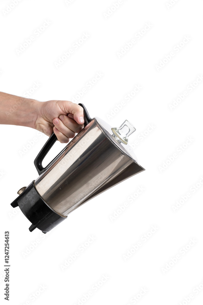 Man hand holding metal kettle, isolated on white background. Man hand holding metal kettle, isolated on white background.