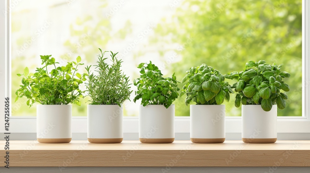 Fresh herbs in white pots arranged on a wooden windowsill, with a green garden view in the background. Fresh herbs in white pots arranged on a wooden windowsill, with a green garden view in the background.
