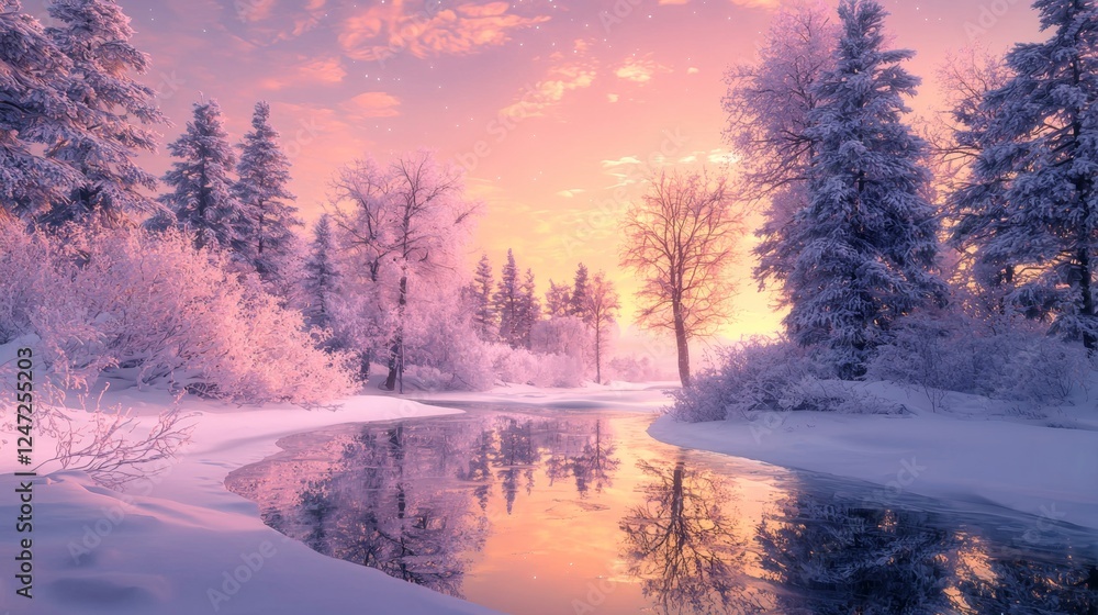 Winter landscape at dawn with frosty trees and a serene river reflecting the pastel sky Winter landscape at dawn with frosty trees and a serene river reflecting the pastel sky