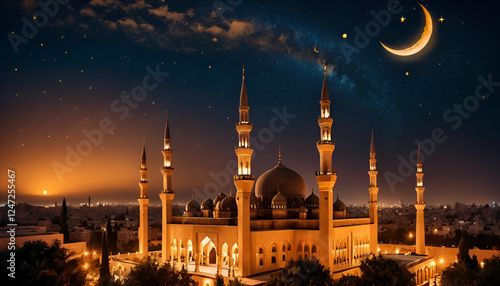 Majestic illuminated mosque, crescent moon, starry night sky, golden domes, tall minarets, Islamic architecture, dramatic lighting, celestial atmosphere, ancient city, Arabian nights, mystical ambianc photo